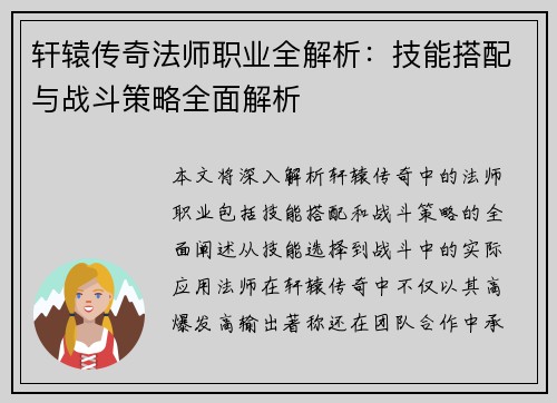 轩辕传奇法师职业全解析：技能搭配与战斗策略全面解析
